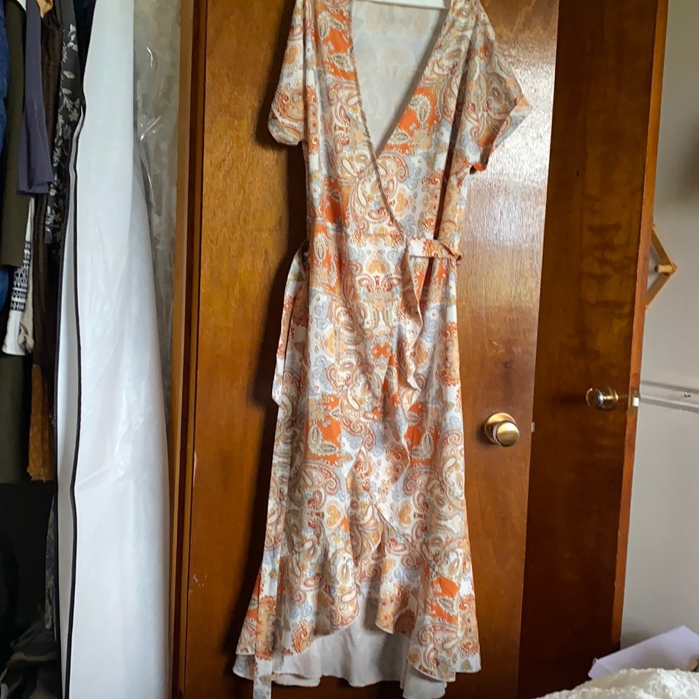 Shein White and Orange Paisley Wrap Dress